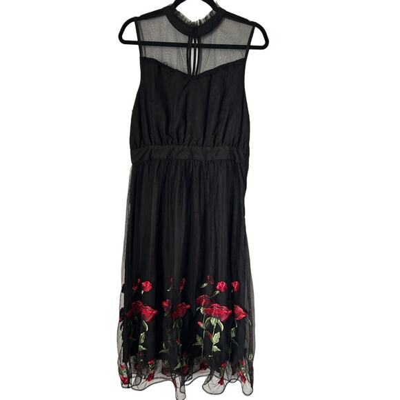 ModCloth Dress Womens Size L Black Sleeveless Tulle Embroidered Roses Mesh Midi - Picture 1 of 15